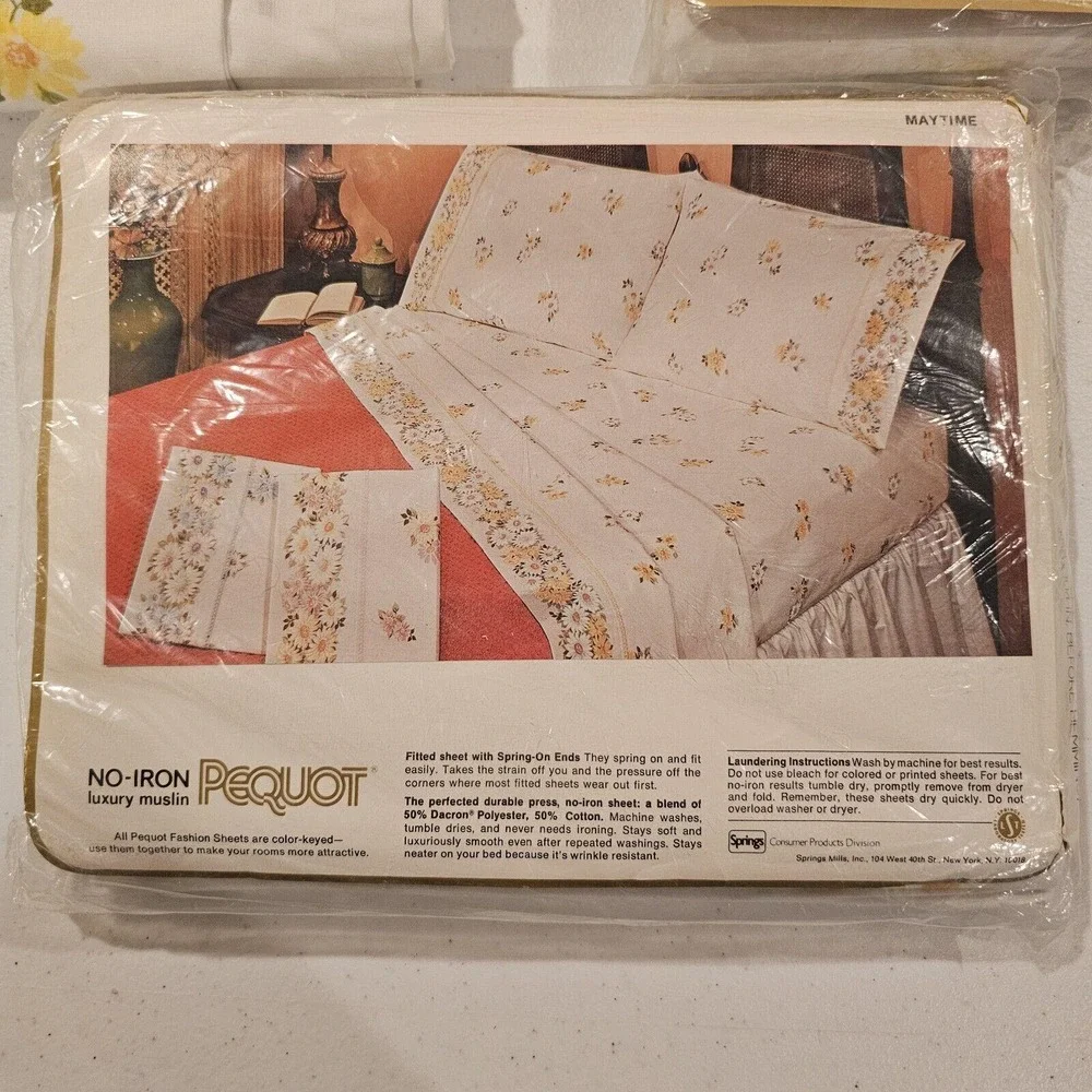 Vintage Pequot Maytime Twin Flat Sheet & 2 Pillowcases Set Yellow Daisy Floral